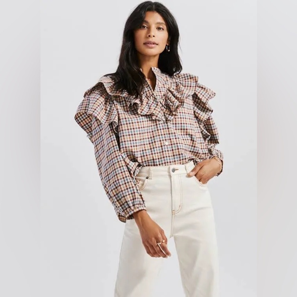 Something Navy Plaid Ruffle Blouse